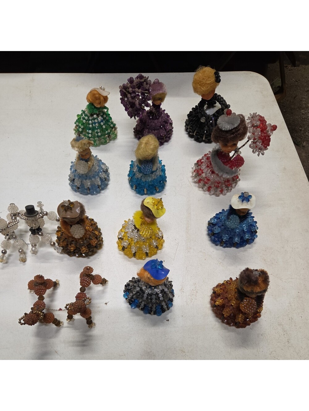 Lot of 13 Vintage Handmade Beaded Safety Pin Dolls and Dog Figurines